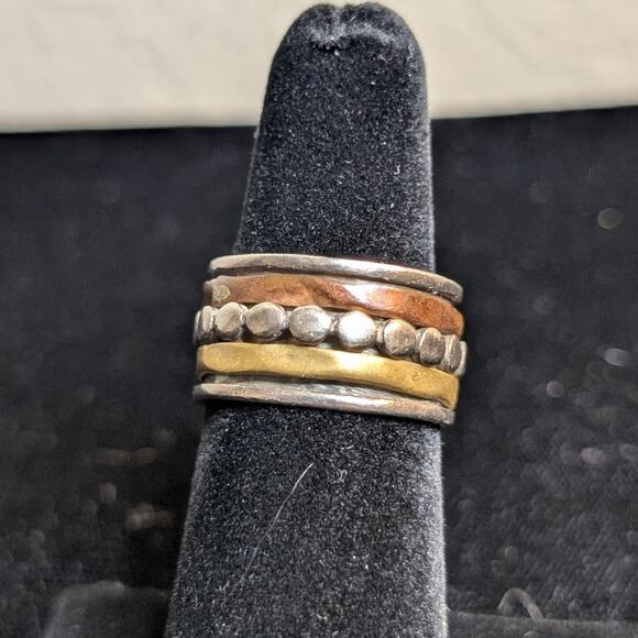 Hand Crafted Sterling Silver Brass Copper Wide Band Spinner Ring Size 6.25 - Picture 1 of 6